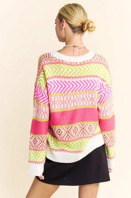 Mixed Pattern Stripe Sweater Top - Multi Neon Pink