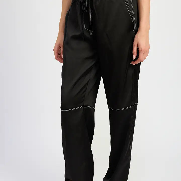 Satin Lounge Pants w/ Contrasted Stitch - Black