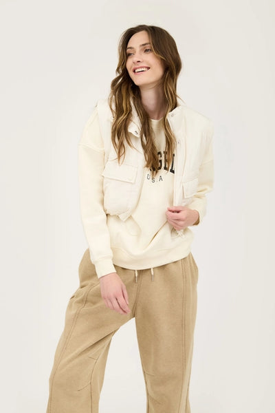 Cropped Zip Up Cargo Puffer Vest - Cream