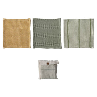 Cotton Waffle Weave Dish Cloths w Loop, Set of 3 in Bag