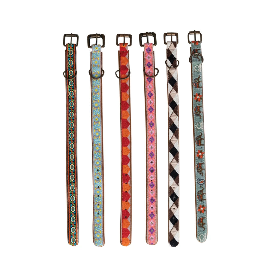 Cotton & Leather Dog Collar w/ Embroidery & Metal Buckle
