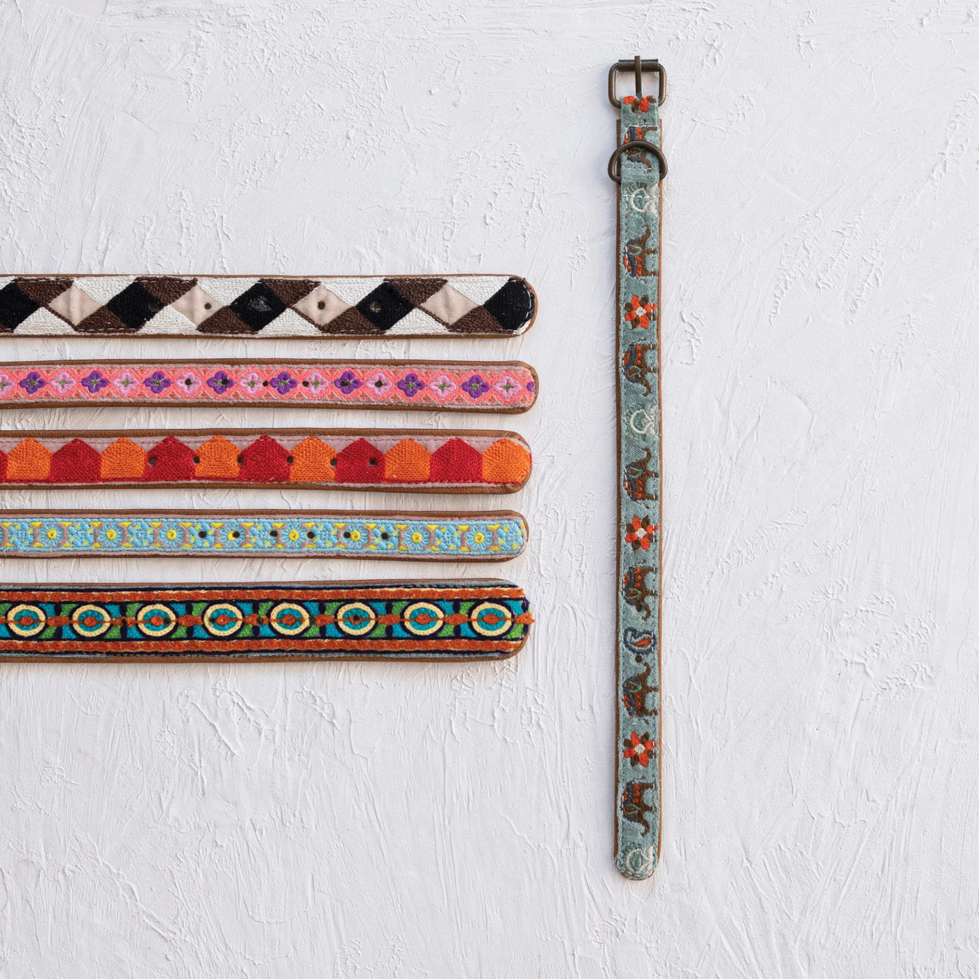 Cotton & Leather Dog Collar w/ Embroidery & Metal Buckle
