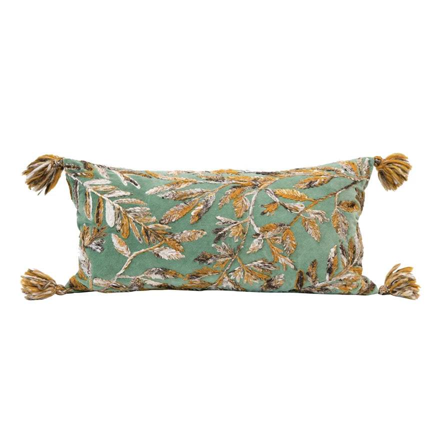 Embroidered Leaves Lumbar Pillow