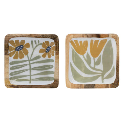Enameled Mango Wood Plate w Flowers, 2 Styles