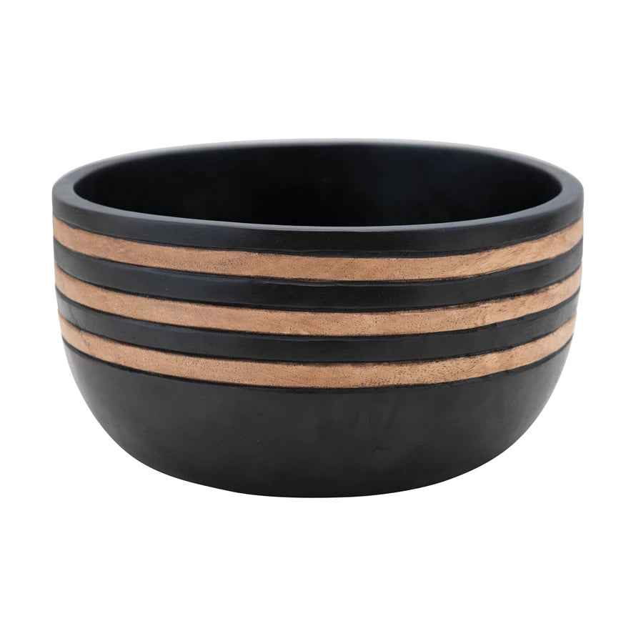 Mango Wood Grooved Bowl with Stripes