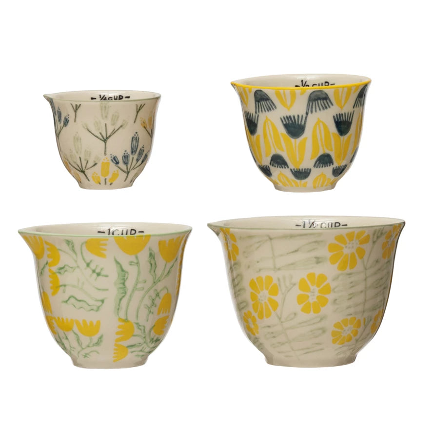 Stoneware Measuring Cups w/ Flowers, Set of 4