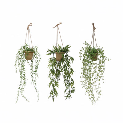 Hanging Faux Ivy/Succulent in Paper Mache Pot with Jute Hanger, 3 Styles
