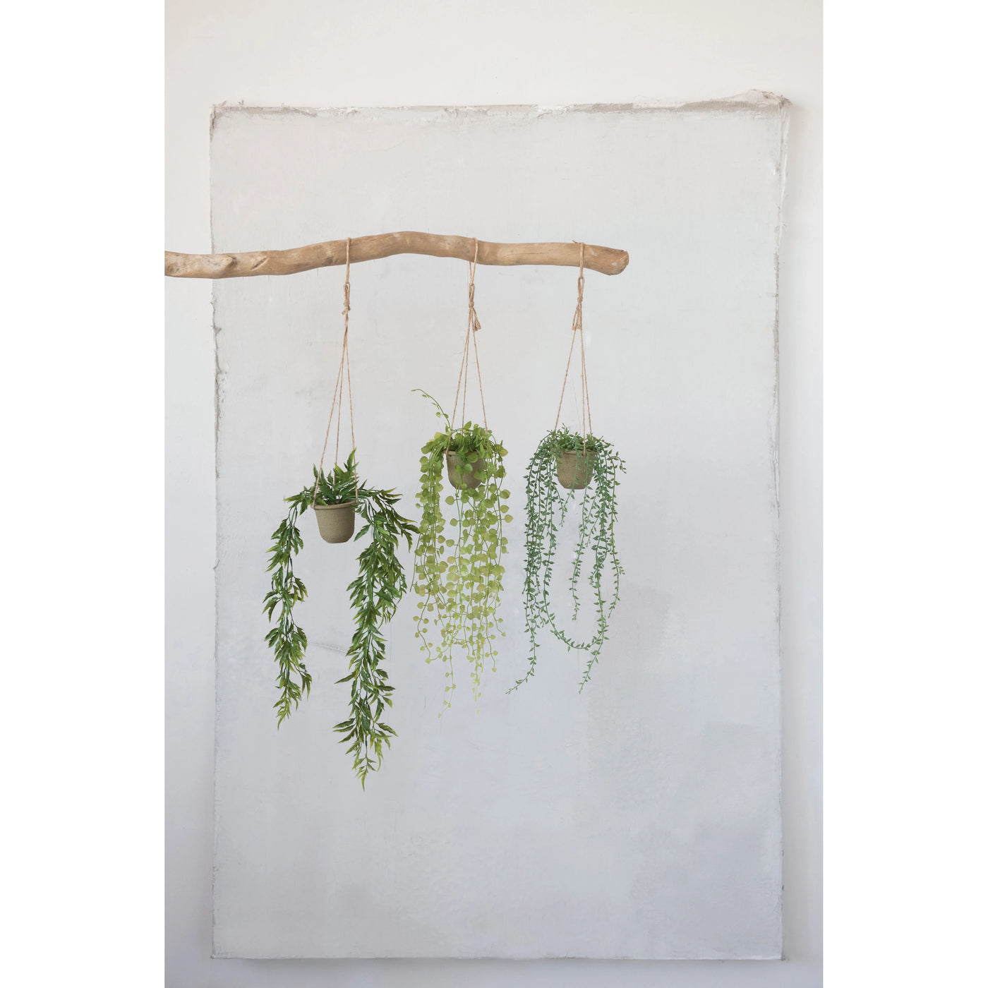 Hanging Faux Ivy/Succulent in Paper Mache Pot with Jute Hanger, 3 Styles