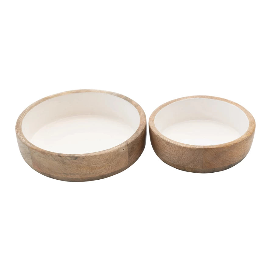 Mango Wood Bowls with Enamel Interior, Set of 2