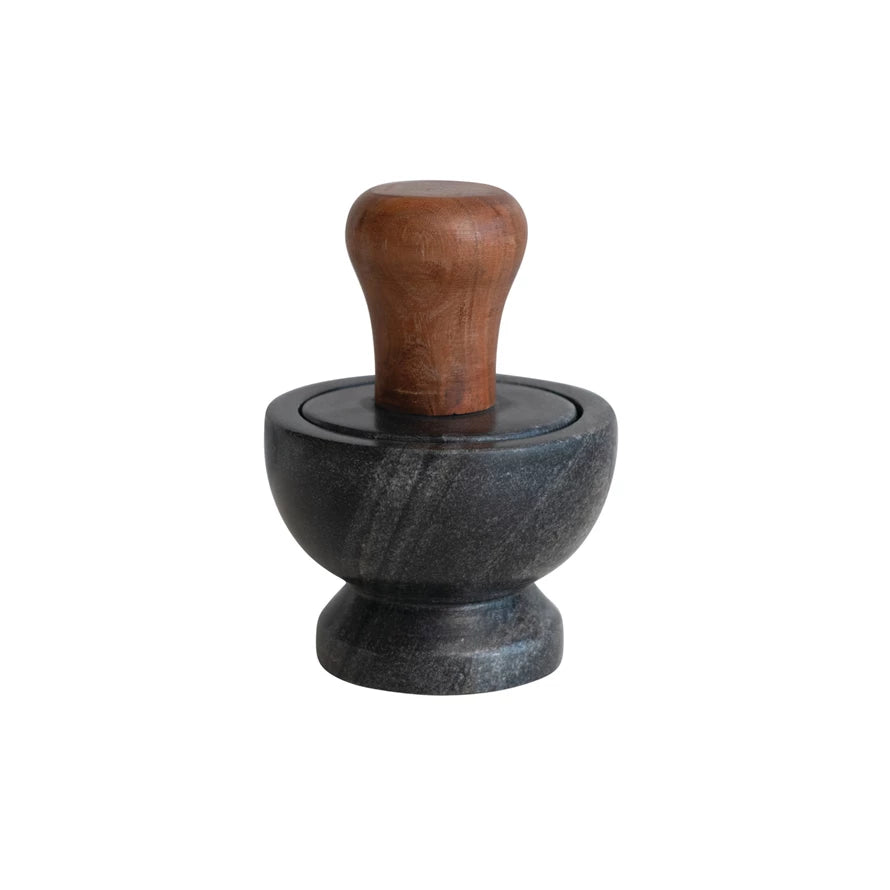 Marble Mortar & Pestle w/ Mango Wood Handle, Black & Natural, Set of 2