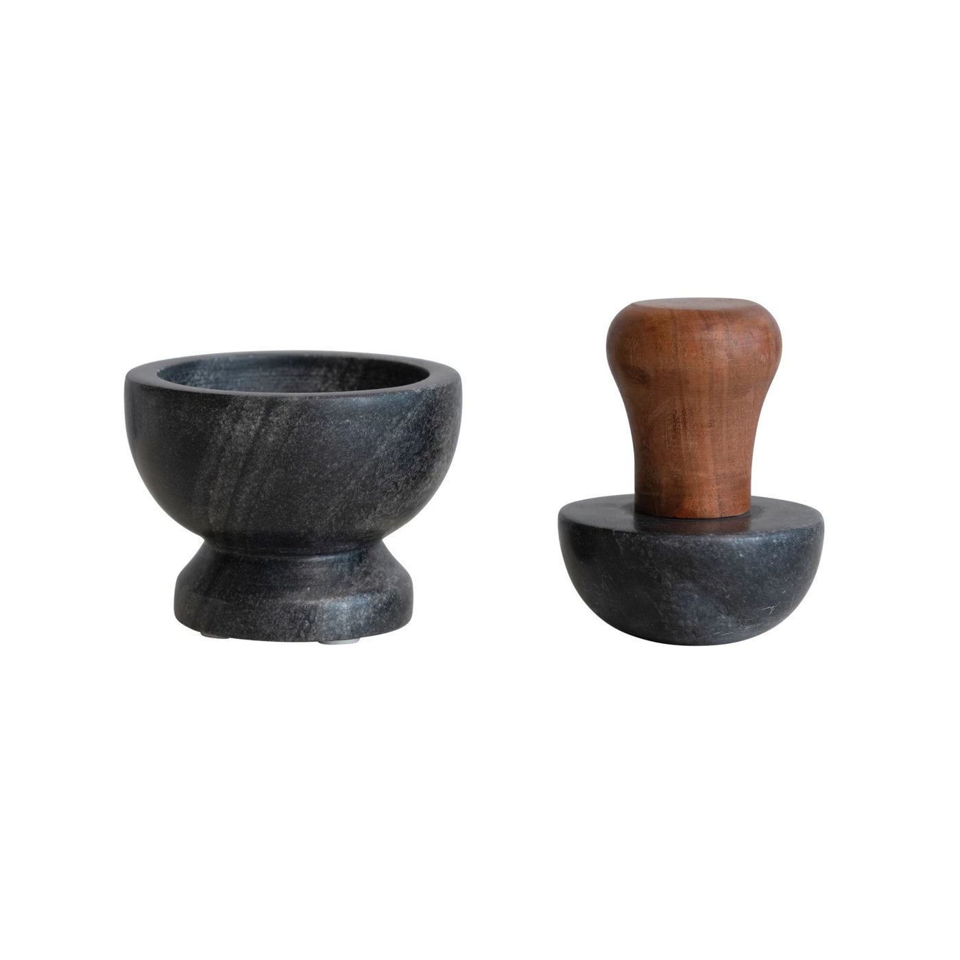 Marble Mortar & Pestle w/ Mango Wood Handle, Black & Natural, Set of 2