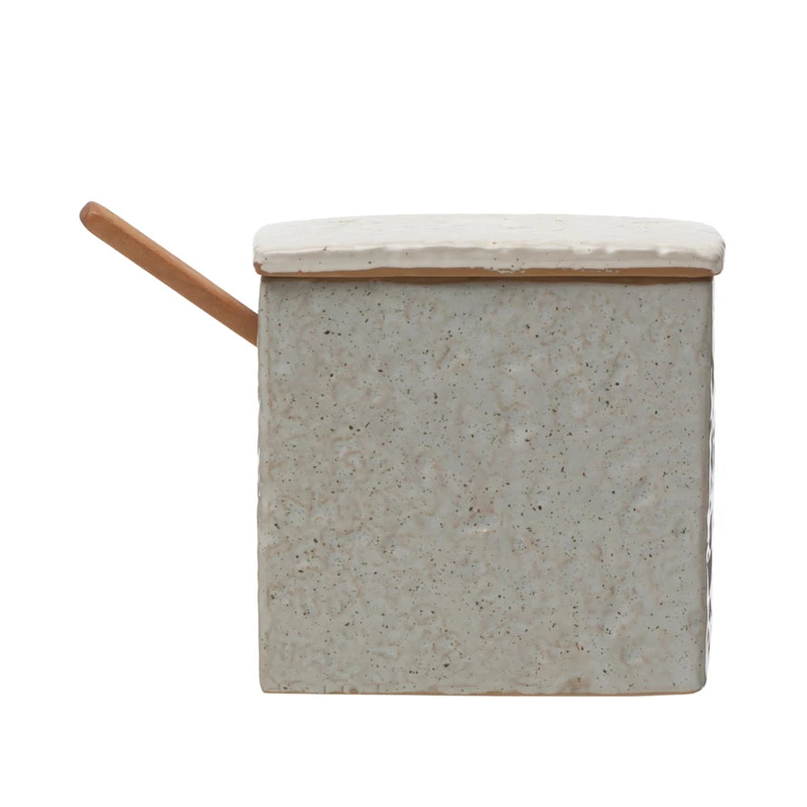 Stoneware Salt Cellar w/ Pine Wood Spoon, Reactive Glaze, Set of 2