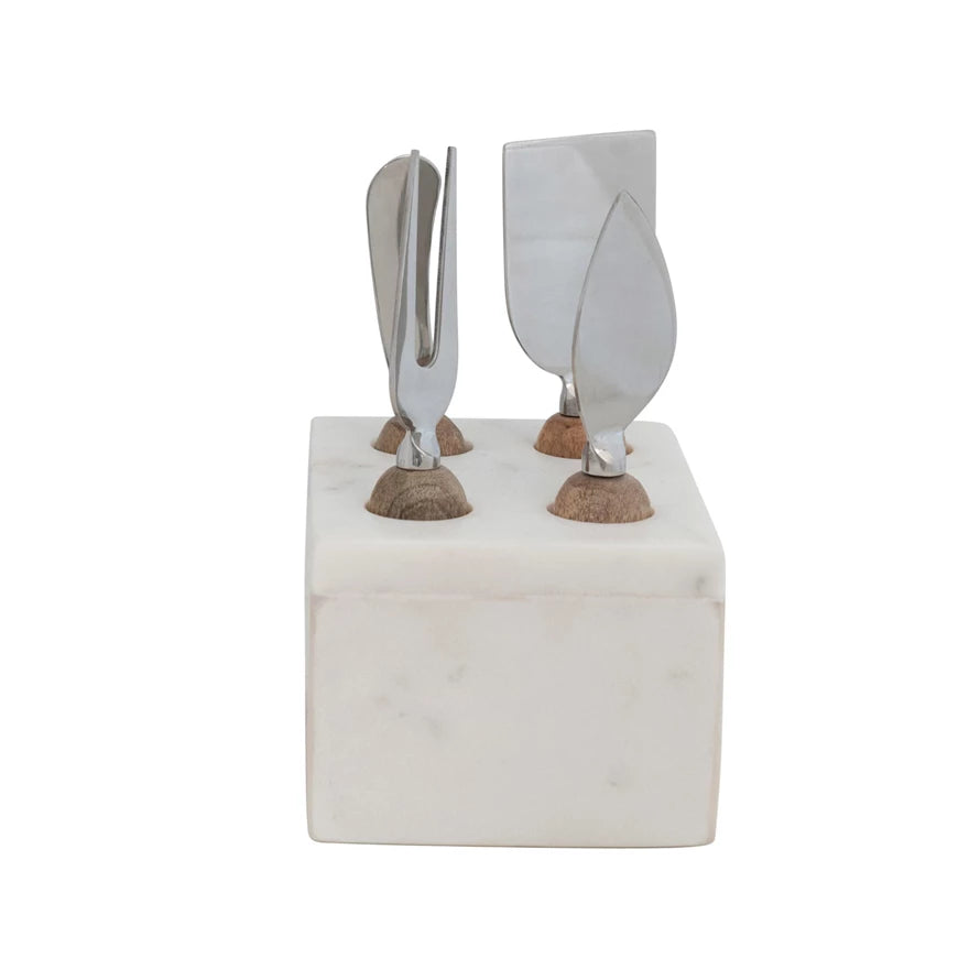 Stainless Steel Cheese Servers w/ Mango Wood Handles & Marble Stand