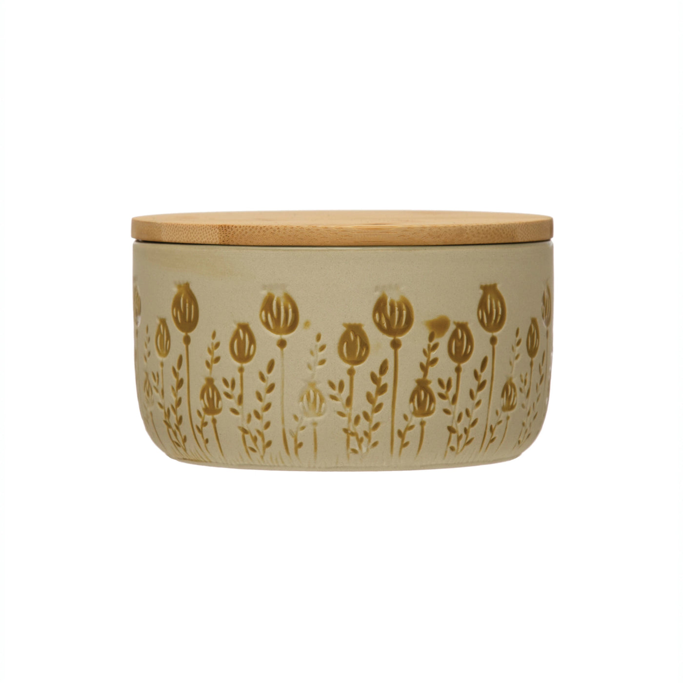 Stoneware Canister with Bamboo Lid and Debossed Floral Pattern