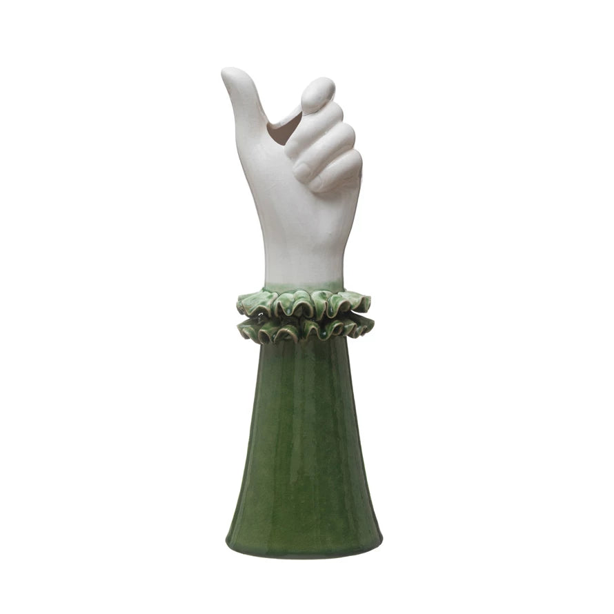 Stoneware Hand Shaped Vase w/ Ruffled Shirt Sleeve