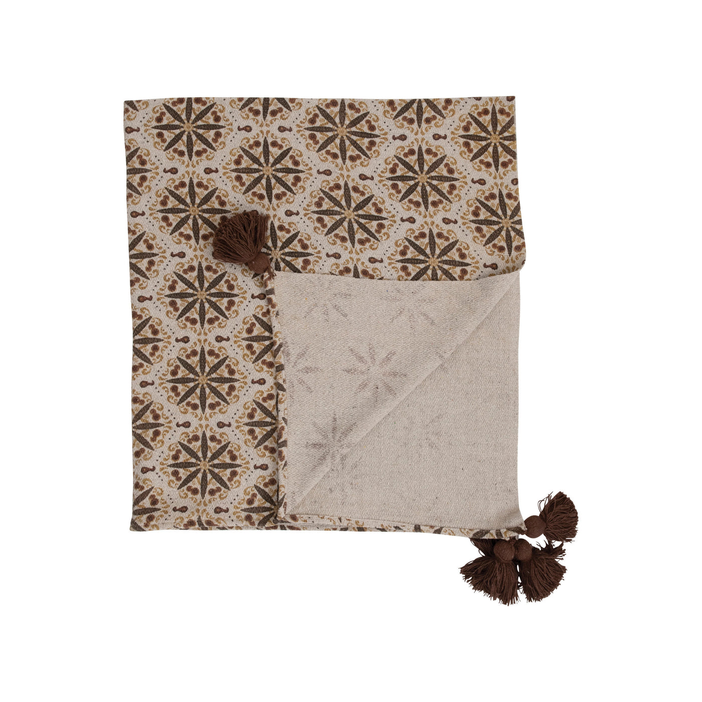 Recycled Cotton Blend Throw with Floral Medallion Print and Tassels
